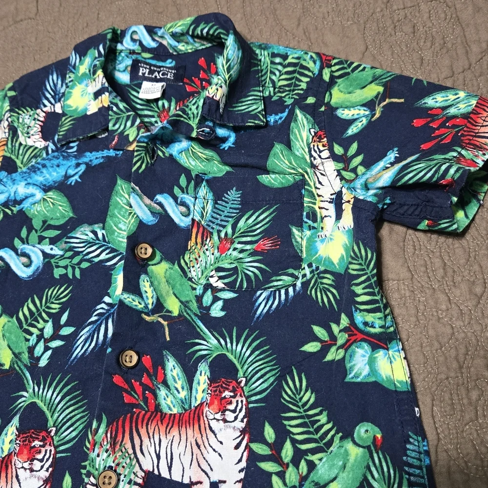 TCP toddler Hawaiian jungle animals button down shirt, tiger parrot crocodile 3T